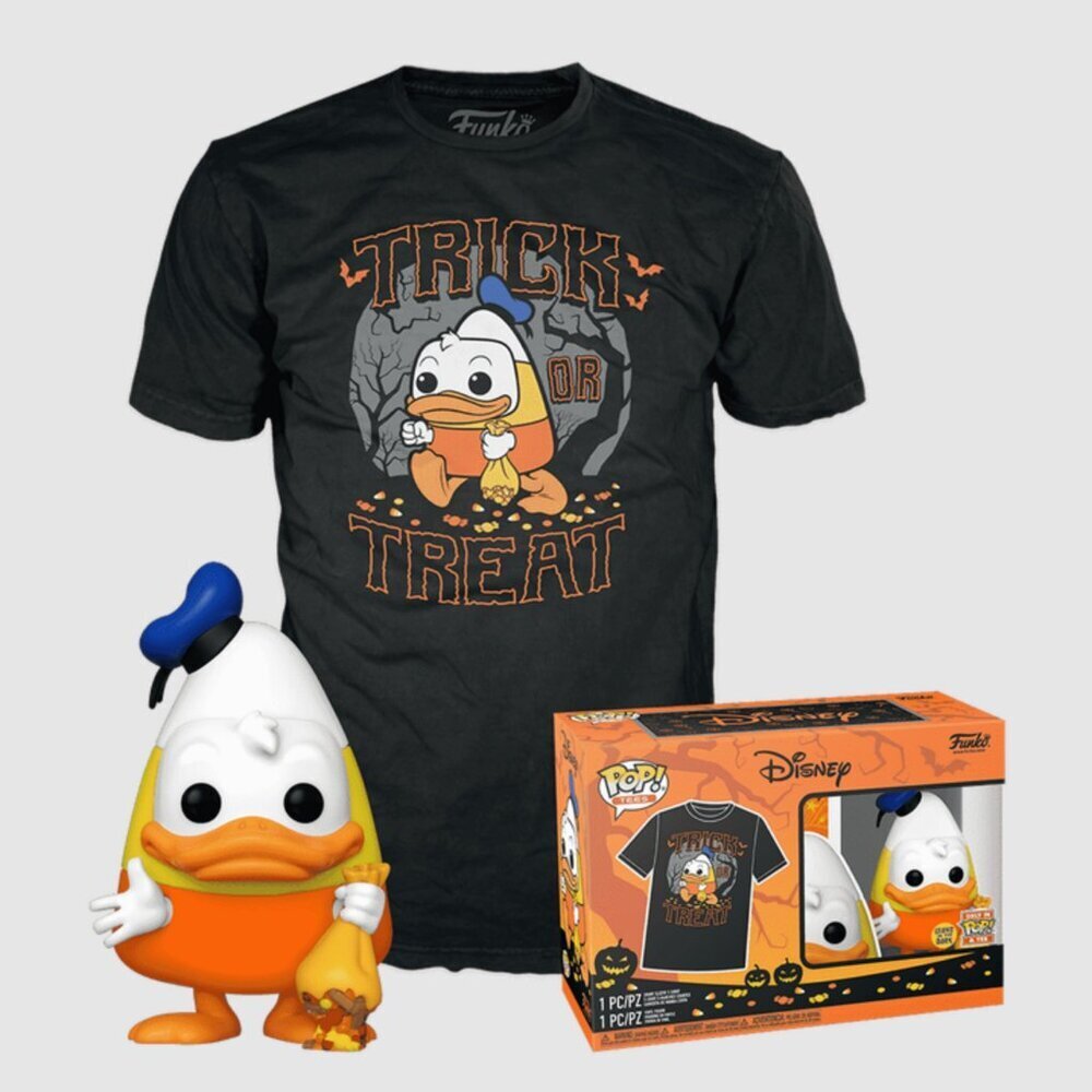 Disney Funko Pop Donald Halloween Glow in Dark Tee Shirt & Pop Figurine Bundle